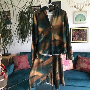 KD SPRING sz M Wearable Art Teal Brown & Tan Asymmetric Skirt & Top 2 Pc Set